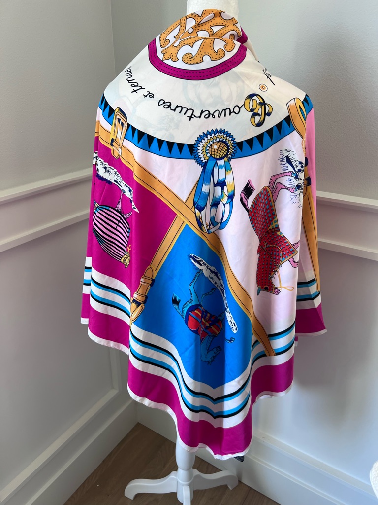 Hermes Pink Blue Gold  White Silk Scarf